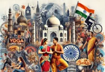 How Indian Culture Is Perceived Around the World A vibrant artistic collage showcasing Indian culture with dance, food, yoga, Bollywood, and global landmarks.