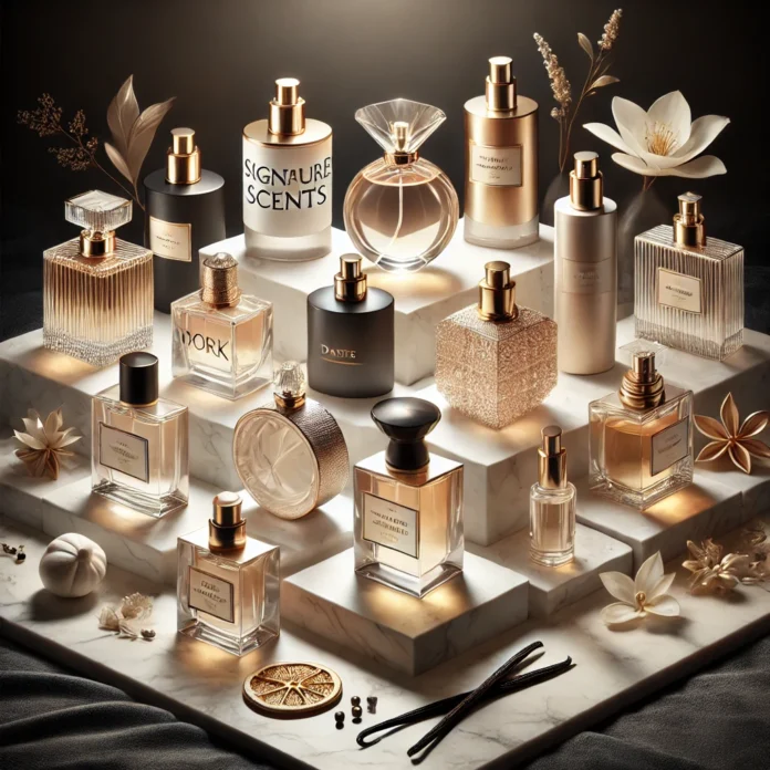 Elegant perfume bottles displayed on a chic marble background, representing signature scents for work, dates, parties, and everyday wear.