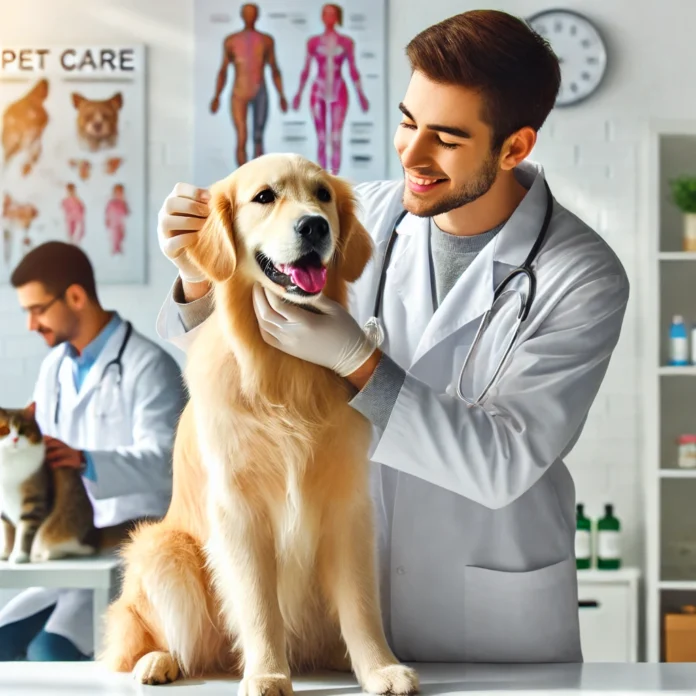 Preventing Common Pet Illnesses: A Complete Guide A veterinarian examining a golden retriever in a clean, well-lit clinic while another vet checks a cat in the background.