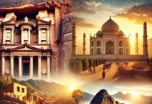 Architectural Marvels of the World: From Petra to the Pyramids A collage of Petra, the Great Pyramids, the Taj Mahal, and Machu Picchu under stunning natural light.