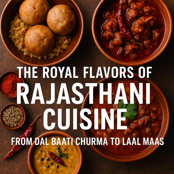 The Royal Flavors of Rajasthani Cuisine – Dal Baati Churma & Laal Maas A top-down view of authentic Rajasthani cuisine featuring Dal Baati Churma, Laal Maas, and traditional spices, highlighting the rich flavors of Rajasthan.
