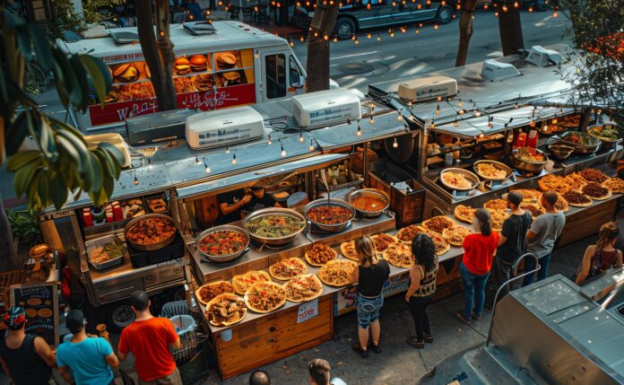 Savor the Flavors: A Vibrant Street Food Experience Around the World A bustling street food market with vendors serving a variety of colorful dishes to a line of eager customers under warm string lights.