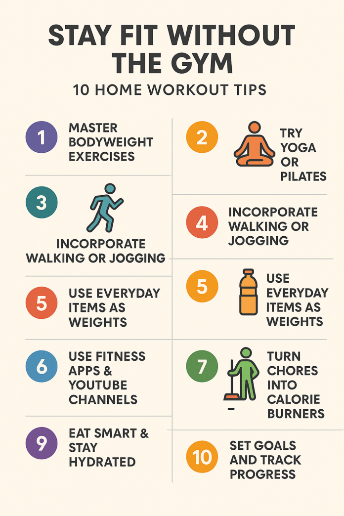 Stay Fit Without the Gym: 10 Home Workout Tips for Health & Strength Infographic showing 10 tips to stay fit without going to the gym, including bodyweight exercises, yoga, walking, home workouts, and healthy habits.
