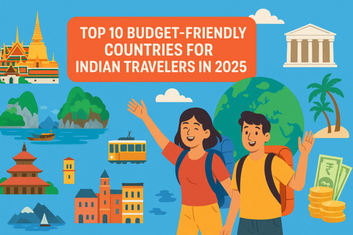 Explore the World Without Breaking the Bank: Top 10 Budget-Friendly Countries for Indian Travelers in 2025! Illustration of happy Indian travelers with backpacks exploring landmarks representing budget-friendly countries in 2025.
