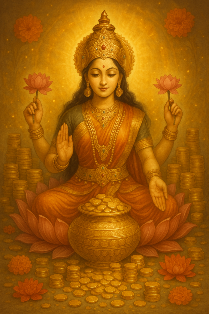 Goddess Lakshmi seated on a lotus, radiating golden light, holding lotuses, surrounded by gold coins and flowers, symbolizing prosperity and eternal fortune on Akshaya Tritiya.