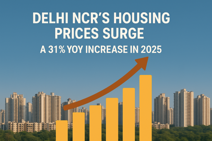 Infographic showing a 31% year-on-year increase in Delhi NCR housing prices in 2025, with a rising bar graph and high-rise buildings in the background.