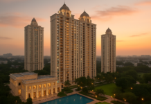 DLF’s $4 Billion Project Sets Record in Luxury Real Estate Boom A luxury high-rise residential complex by DLF at sunset, showcasing grand architecture and landscaped surroundings.