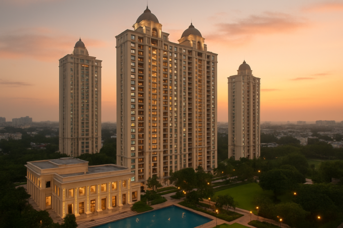 DLF's $4 Billion Project Sets Benchmark in India's Luxury Real Estate Surge A luxury high-rise residential complex by DLF at sunset, showcasing grand architecture and landscaped surroundings.