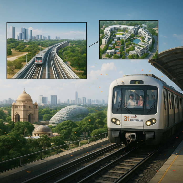 A modern image of the Delhi Metro train celebrating its 31st anniversary, highlighting past achievements and future plans for the city's transport network. Delhi Metro train celebrating its 31st anniversary.