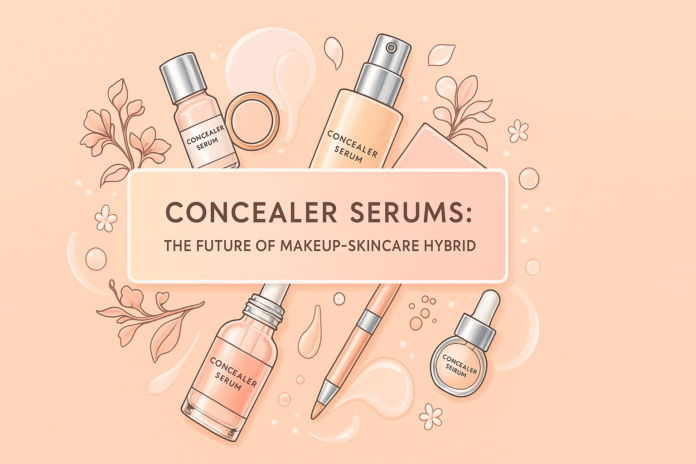 Illustration of various concealer serum products with floral accents and soft peach background, highlighting the makeup-skincare hybrid concept.