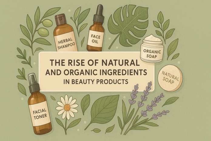 Natural and Organic Beauty Ingredients Illustration Natural and organic beauty products with botanical ingredients illustration