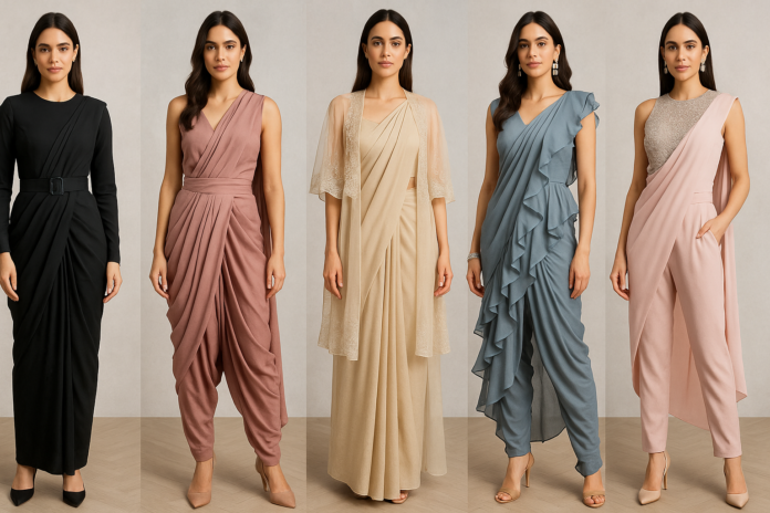 A realistic fashion collage showcasing five modern saree styles worn by models: black belted saree, dusty rose dhoti saree, beige cape saree, blue ruffle saree, and blush pink pant saree – highlighting contemporary Indian ethnic fashion trends.