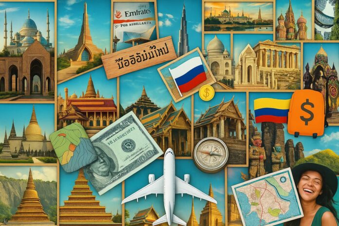 Wanderlust Unleashed: Your Next Adventure Awaits! ✈️ Collage of vibrant travel destinations, maps, currencies, and travel accessories, featuring landmarks, a plane, and a smiling traveler.