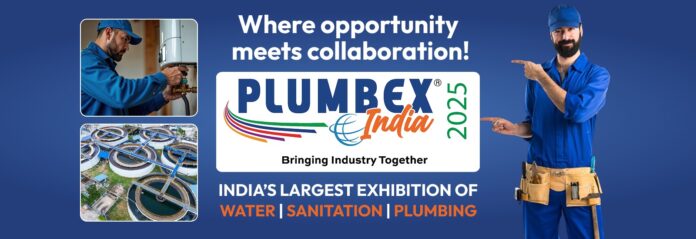 PlumbexIndia 2025 - India’s Largest Plumbing, Water & Sanitation Expo Plumber pointing at PlumbexIndia 2025 banner with slogan "Where opportunity meets collaboration", promoting India's largest water, sanitation, and plumbing exhibition