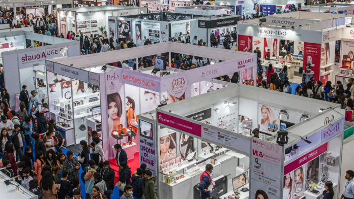 Beauty Expo 2025 Delhi: Discover the Latest Asian Beauty Trends Wide shot of the exhibition floor at the Beauty & Spa Expo 2025 in Delhi, filled with exhibitors and attendees.