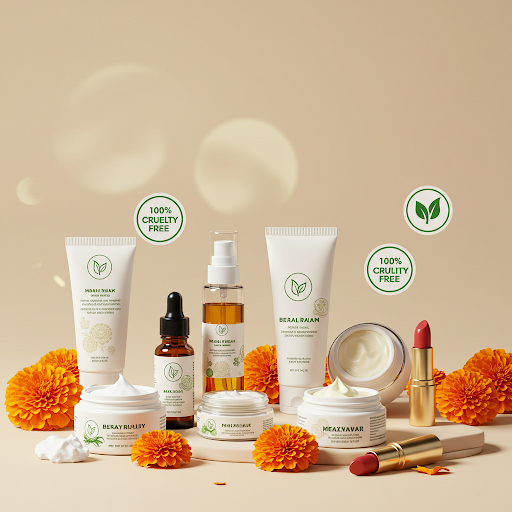 Vegan Indian Beauty: Cruelty-Free Products with Marigold Accents Vegan Indian Beauty Products Flat Lay with Marigolds