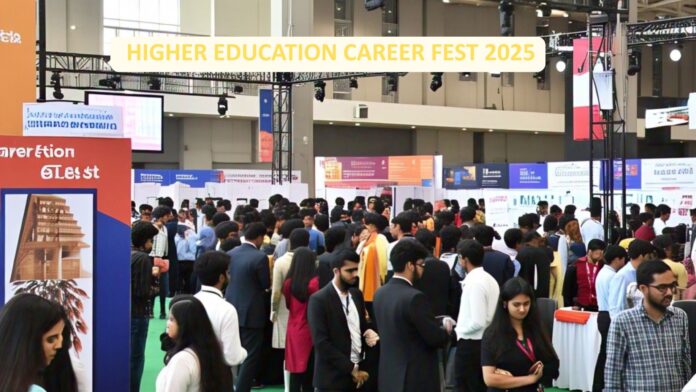 Students interacting with booths and representatives at the Higher Education Career Fest 2025 in Delhi NCR, showcasing a vibrant educational event atmosphere.