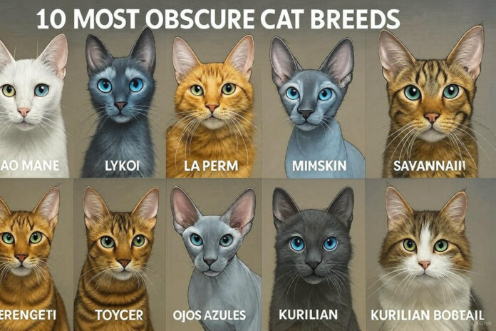 Collage of 10 rare and obscure cat breeds including Khao Manee, Lykoi, LaPerm, Minskin, Savannah, and more.