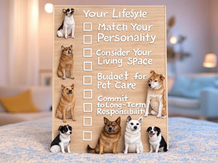 5-Step Checklist for Choosing the Right Pet for Your Personality and Lifestyle Wooden checklist with dogs illustrating steps for choosing the right pet for your personality and lifestyle, including assessing lifestyle, matching personality, living space, pet care budget, and long-term responsibility.