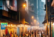Real Estate and Rental Market in Urban India Crowded Indian street market at dusk with people walking and stalls lining the sides under warm street lights.