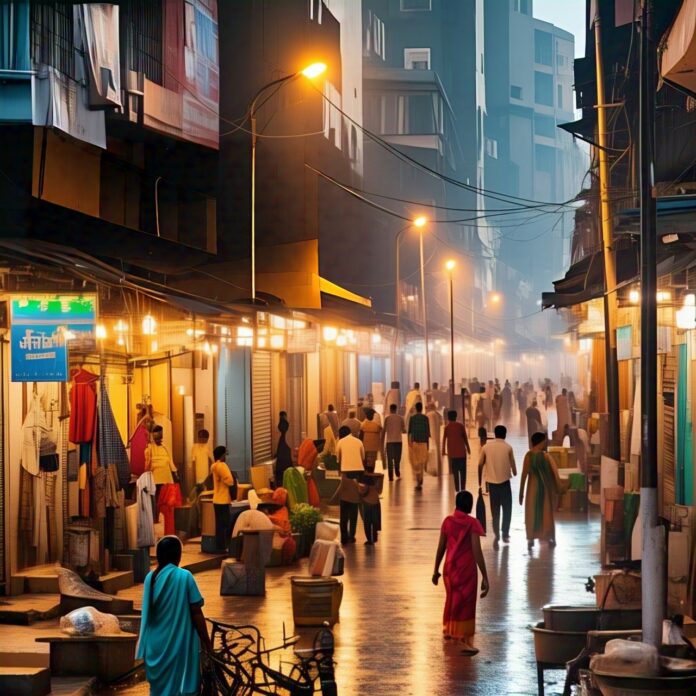 "Evening Hustle: Life in the Heart of an Indian Bazaar" Crowded Indian street market at dusk with people walking and stalls lining the sides under warm street lights.