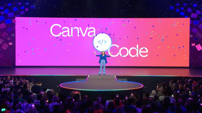 Canva Code: A Game-Changing Step Toward Design and Development Integration Presenter unveiling Canva Code feature on stage during a live event with confetti and audience
