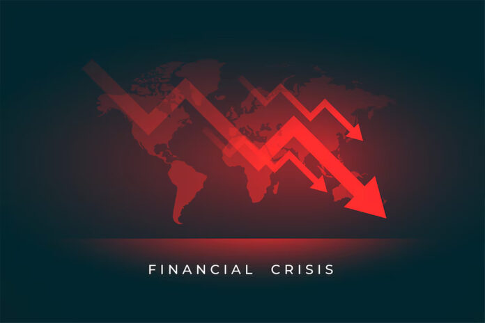 "Global financial crisis concept with red downward arrows on world map background"