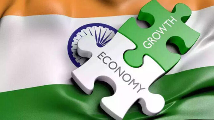 Unlocking India's Economic Potential: Growth and Development Two interlocking puzzle pieces, one white labeled "ECONOMY" and one green labeled "GROWTH," placed on a blurred Indian flag background.
