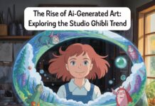 The Rise of AI-Generated Art: Exploring the Studio Ghibli Trend AI-generated Studio Ghibli style art of a red-haired girl surrounded by whimsical fantasy creatures in a cozy artist’s studio