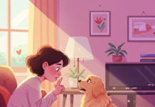 How to Talk with Your Pet Without Uttering a Word Woman using hand signals to communicate with her golden retriever in a cozy living room setting