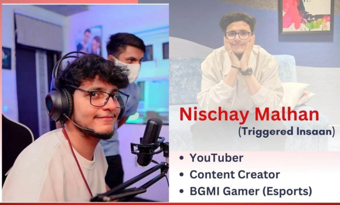 Nischay Malhan, also known as Triggered Insaan, sitting at his gaming setup and posing on a couch, showcasing his roles as a YouTuber, content creator, and BGMI gamer.