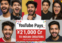 YouTube Pays ₹21,000 Cr to Indian Creators Collage of happy Indian YouTubers with headline announcing ₹21,000 crore payout to creators