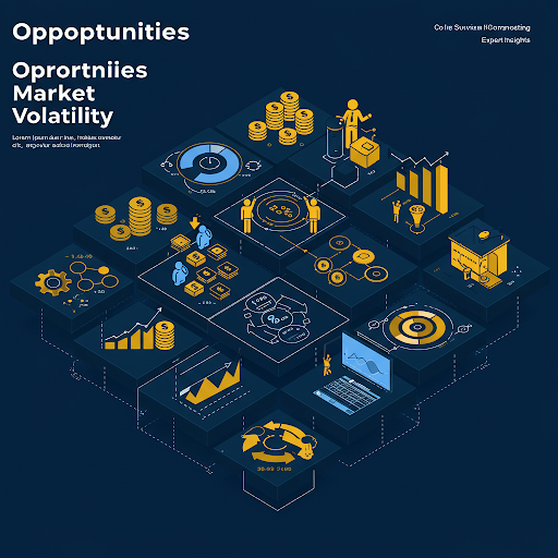 Navigating Market Volatility: Insights and Opportunities for Modern Investors Isometric infographic showing data analysis, market volatility, and business opportunities in blue and yellow theme