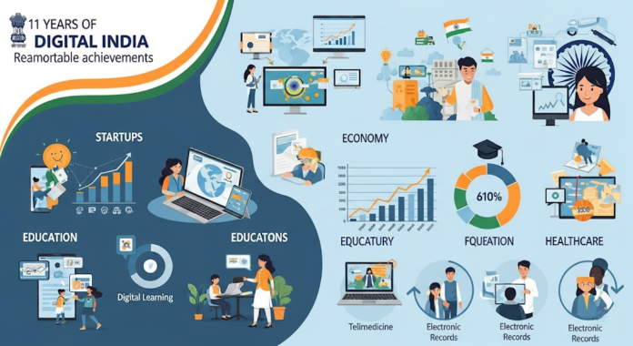 Infographic illustrating 11 years of Digital India's achievements across startups, economy, education (including digital learning), and healthcare (telemedicine, electronic records), with the Indian flag colors and Ashoka Chakra.