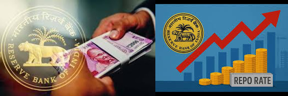 Repo Rate Lowering: Stimulating India's Economy Indian Rupee currency being exchanged with the RBI logo and a graph showing an increasing "REPO RATE" with coin stacks.