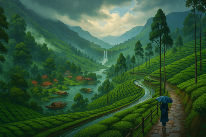 Rainswept Beauty: Munnar Tea Plantations Serene monsoon landscape in Munnar, Kerala, India, featuring lush green tea plantations, a winding road, a distant waterfall, and a person with an umbrella.