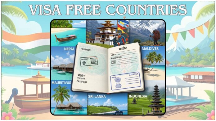 Unlock Your Wanderlust: Visa-Friendly Adventures from India Open Indian passport surrounded by travel elements from Thailand, Bhutan, Nepal, Maldives, Mauritius, Sri Lanka, and Indonesia.
