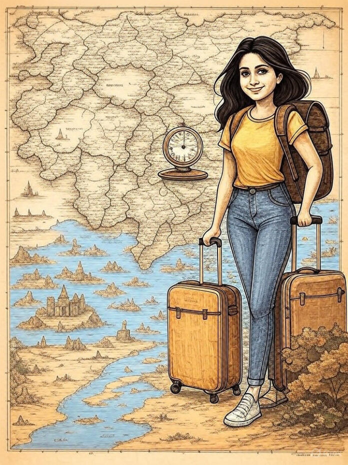 Solo Female Traveler's Map of India Solo female traveler in front of an antique map of India, ready for adventure.