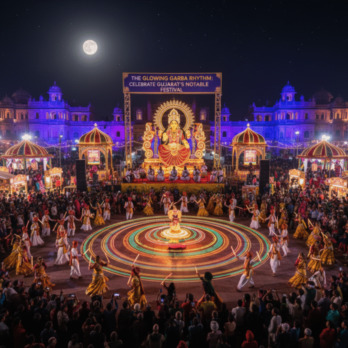 The Glowing Garba Rhythm: Celebrate Gujarat’s Notable Festival Garba dancers in vibrant traditional attire performing in a circular formation under glowing festive lights during Navratri, Gujarat, landsca