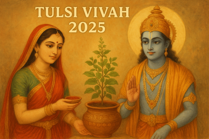 Tulsi Vivah 2025 – Sacred Union of Goddess Tulsi and Lord Vishnu Realistic traditional painting of Tulsi Vivah 2025 showing Goddess Tulsi and Lord Vishnu with a decorated tulsi plant, symbolizing their divine wedding.