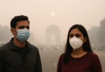 Air Pollution & Cough: Tips to Breathe Easy in India 2025 Realistic photo of people wearing masks in a smog-covered Delhi city during high air pollution and poor AQI levels.