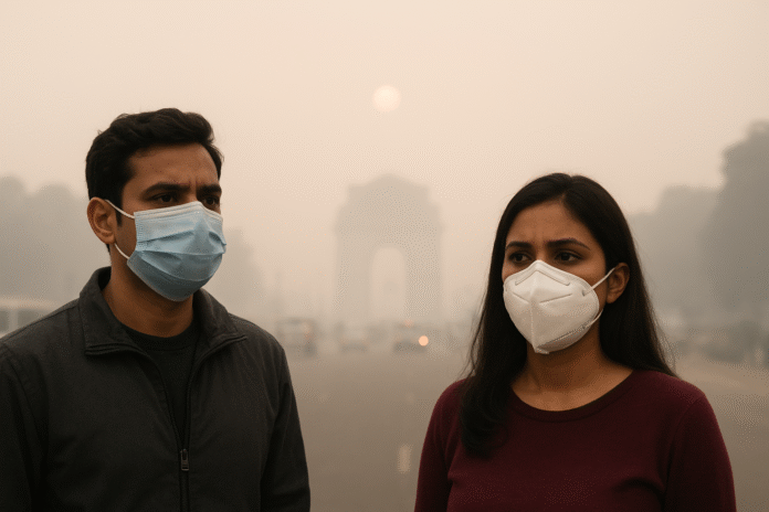 People Wearing Masks Amid Smog in Delhi – Air Pollution and Poor AQI Awareness 2025 Realistic photo of people wearing masks in a smog-covered Delhi city during high air pollution and poor AQI levels.