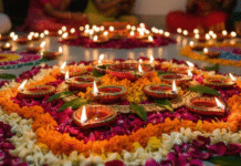 The Spirit of Diwali 2025: A Celebration of Tradition & Light “Beautiful Diwali rangoli decorated with flowers and lit diyas”