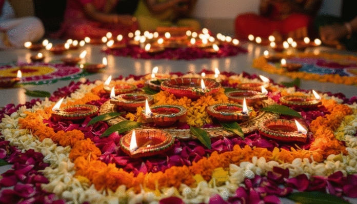 Flower Rangoli with Diyas for Diwali Celebration “Beautiful Diwali rangoli decorated with flowers and lit diyas”