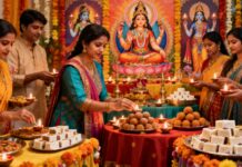 Dhanteras 2025: Auspicious Rituals, Myths & Festive Recipes Indian family performing Dhanteras 2025 Lakshmi Puja rituals, lighting diyas and offering traditional sweets like laddoos and barfi in a decorated home.