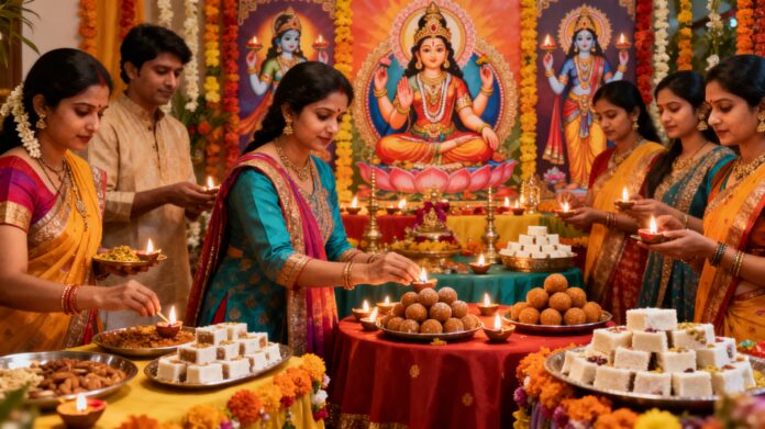 Welcome Abundance: Celebrating Dhanteras 2025 with Devotion and Sweetness Indian family performing Dhanteras 2025 Lakshmi Puja rituals, lighting diyas and offering traditional sweets like laddoos and barfi in a decorated home.
