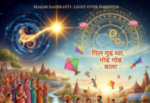 Makar Sankranti: The Ancient Science Behind the Sun’s Journey An artistic digital illustration of Makar Sankranti celebrations featuring the sun entering the Capricorn (Makara) zodiac, people flying kites, solar panels near traditional temples, and traditional Indian sweets like Til-Ghul.