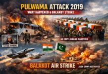 Pulwama Attack 2019: What Happened & Balakot Strike Pulwama Attack 2019 aftermath and Balakot Air Strike illustration showing CRPF convoy blast, martyrs' funeral procession, Indian Air Force jets, and destroyed terror camp in a landscape composite.
