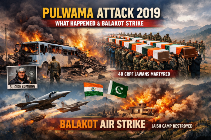 Pulwama Attack 2019 aftermath and Balakot Air Strike illustration showing CRPF convoy blast, martyrs' funeral procession, Indian Air Force jets, and destroyed terror camp in a landscape composite.