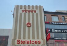 Stelatoes Opens New Store in Jalandhar | 6000+ Footwear Styles Exterior view of the new decorated Stelatoes footwear store in Jalandhar with floral decorations and Punjabi signboard.
